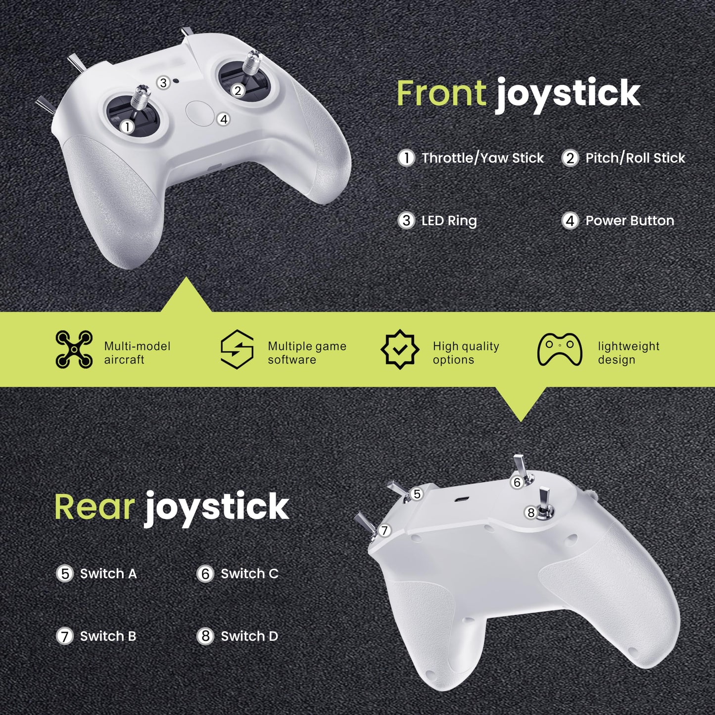 STARDRONE S8 RC Flight Simulator Controller- 8 Channels FPV Drone Games Remote Controller Support Popular System&Platform- Ideal for Beginner Pilots Professional Training Experience(Mode 2) (White)