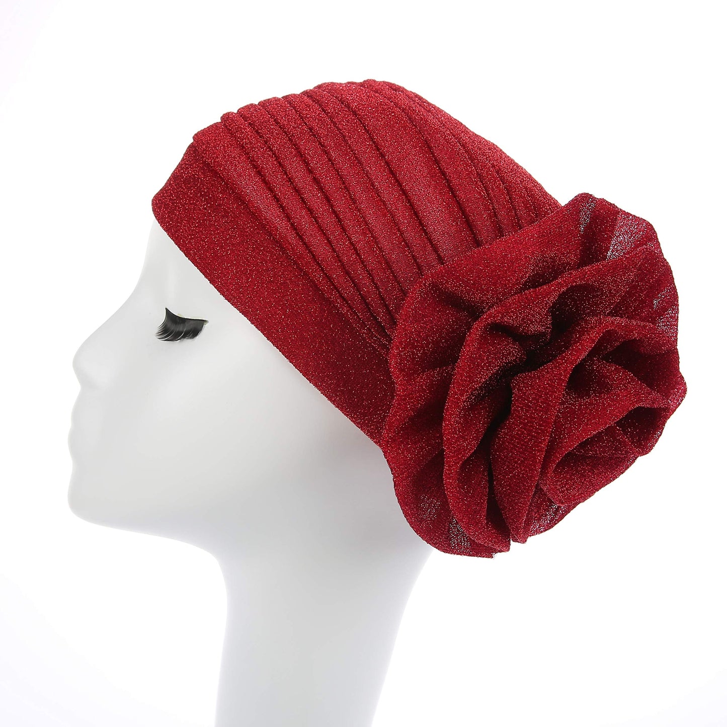 Fxhixiy Women Elastic Glitter Big Flower Turban Beanie Head wrap Hair Loss Chemo Cap Hat (Red)