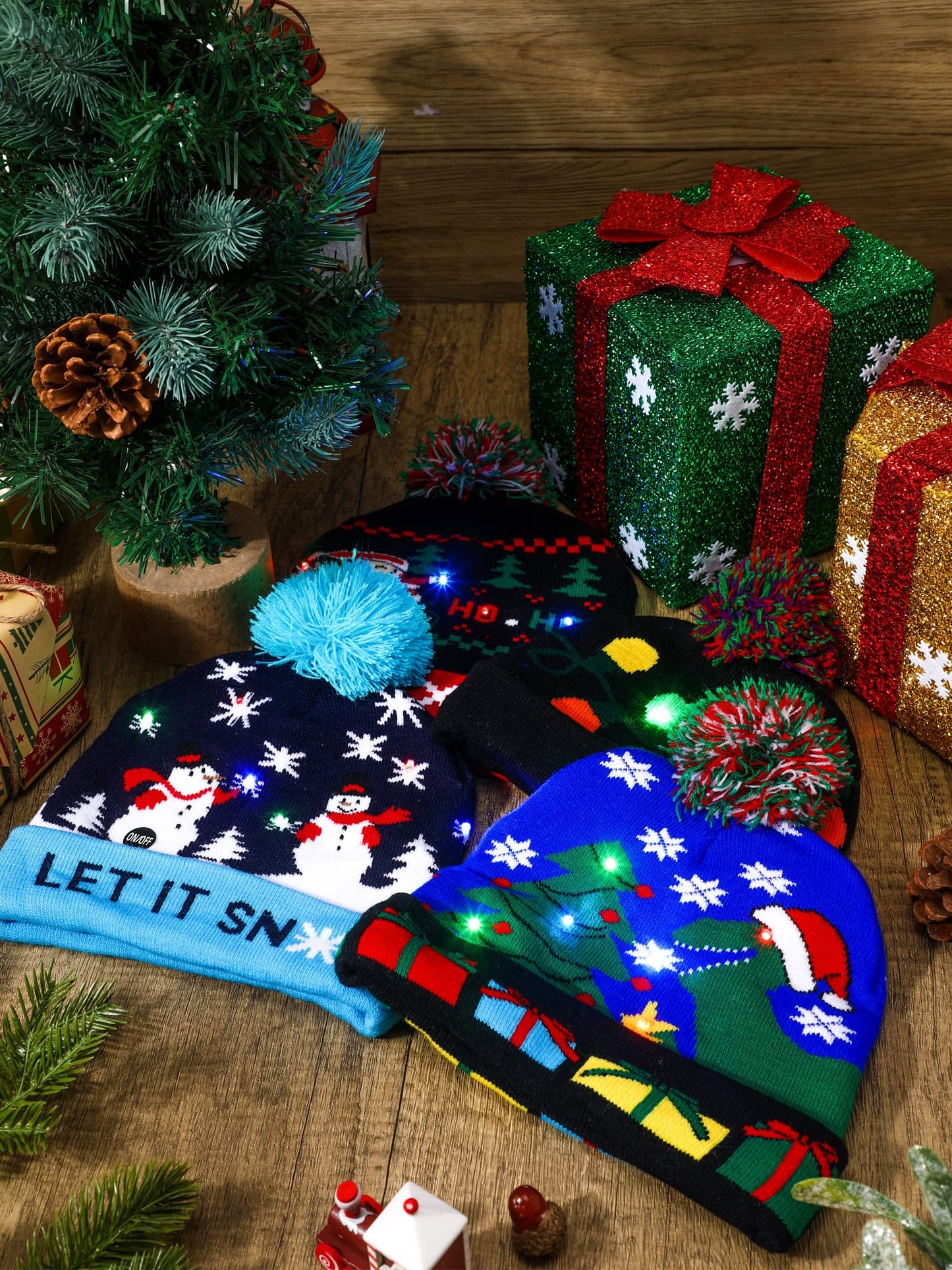 4 Pieces Led Christmas Knitted Hat Light up Xmas Beanie Cap Novelty Unisex Led Winter Snow Hat with 6 Colorful Led