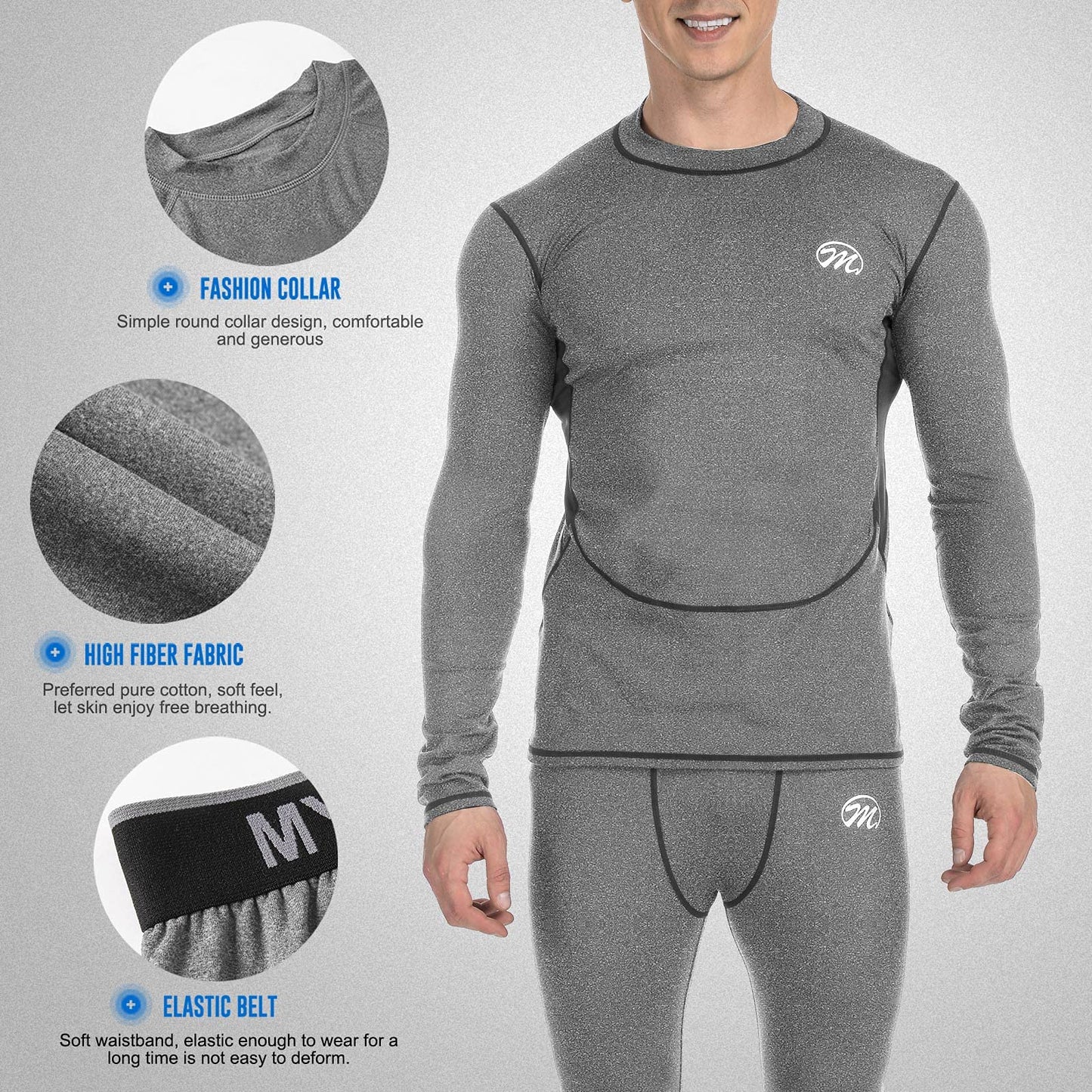 MeetHoo Men’s Thermal Underwear Set, Compression Base Layer Sports Long Johns Fleece Lined Winter Gear Running Skiing Grey