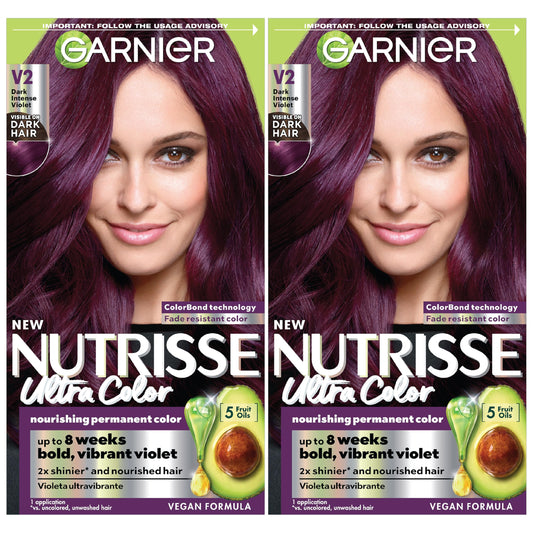 Garnier Hair Color Nutrisse Ultra Color Nourishing Creme, V2 Dark Intense Violet (Spiced Plum) Purple Permanent Hair Dye, 2 Count (Packaging May Vary)