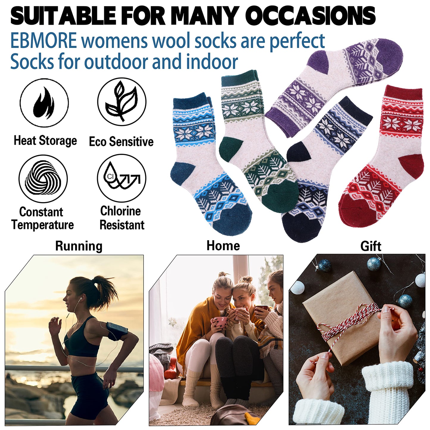 EBMORE Womens Wool Socks Thermal Hiking Winter Boot Warm Thick Cozy Crew Comfy Work Socks for Ladies 12 Pairs(Snowflake & Heart)