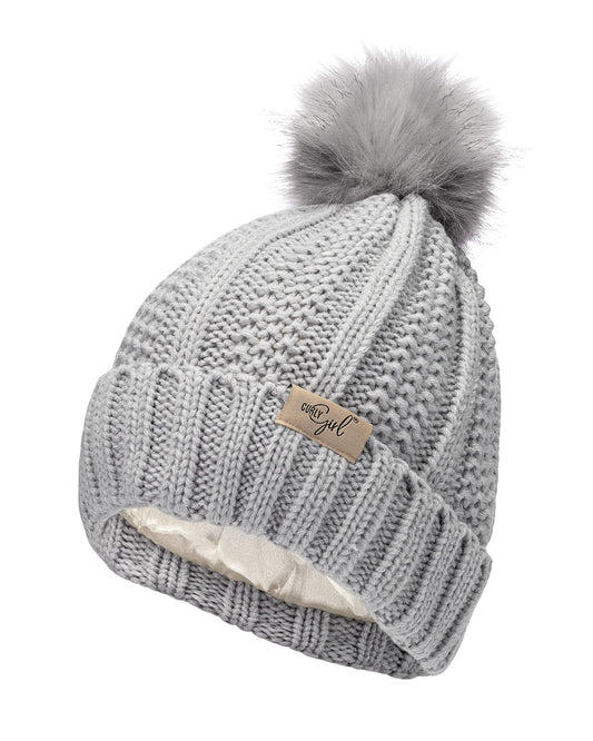 Curly Girl Satin Lined Womens Winter Knitted Beanie Hat, Knit Cap Beanie, Curly Hair, Method (Grey)