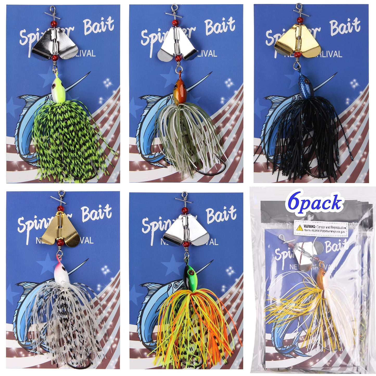 Bass Fishing Spinner Bait Lures, Multicolor Buzzbait Metal Jig Fishing Lure Kit Swimbaits for Bass Pike Trout Freshwater Saltwater Fishing (6pcs)