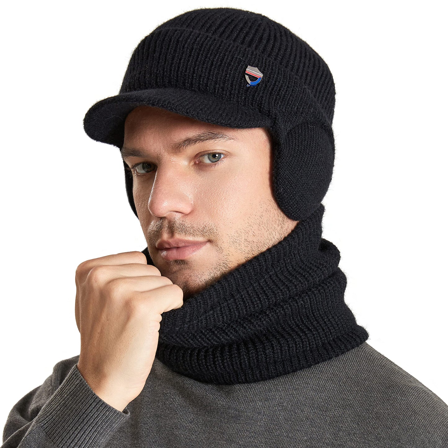 Muryobao Mens Winter Visor Beanie Hat Scarf Set Warm Knit Earflaps Hat Thick Fleece Lined Winter Cap with Neck Warmer for Outdoor Sports Black