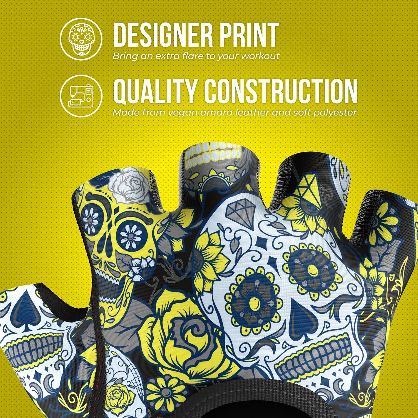 Contraband Pink Label 5237 Womens Design Series Sugar Skull Lifting Gloves (Pair) - Lightweight Vegan Amara Leather Palm w/Griplock Silicone (Yellow, X-Small)