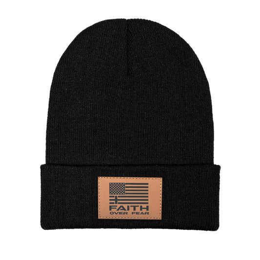 Faith Over Fear Beanie with Leather Beanie Hat for Men Women Gifts for Dad Knit Hat Warm Knitted Winter Cap