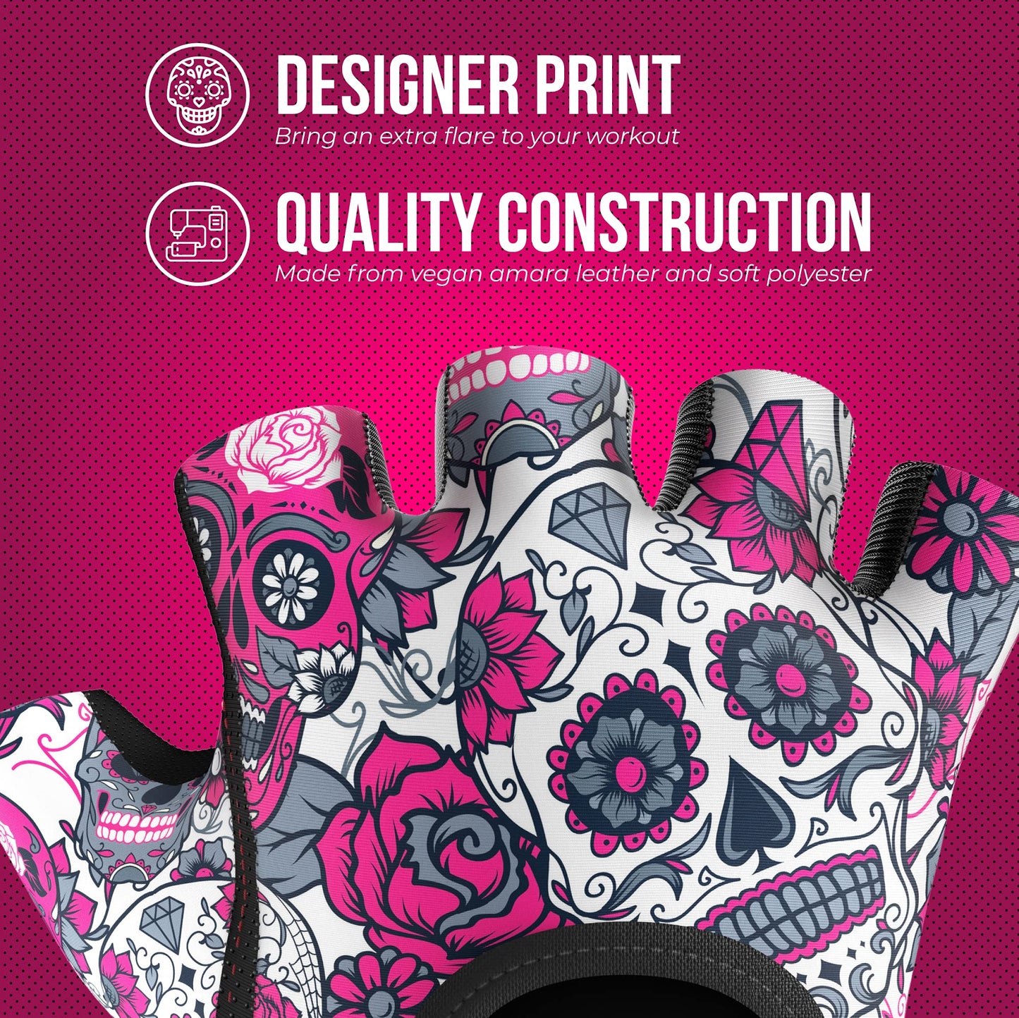 Contraband Pink Label 5237 Womens Designer Workout Gloves | Sugar Skull Print w/Grip-Lock™ Padding (Pink, X-Small)