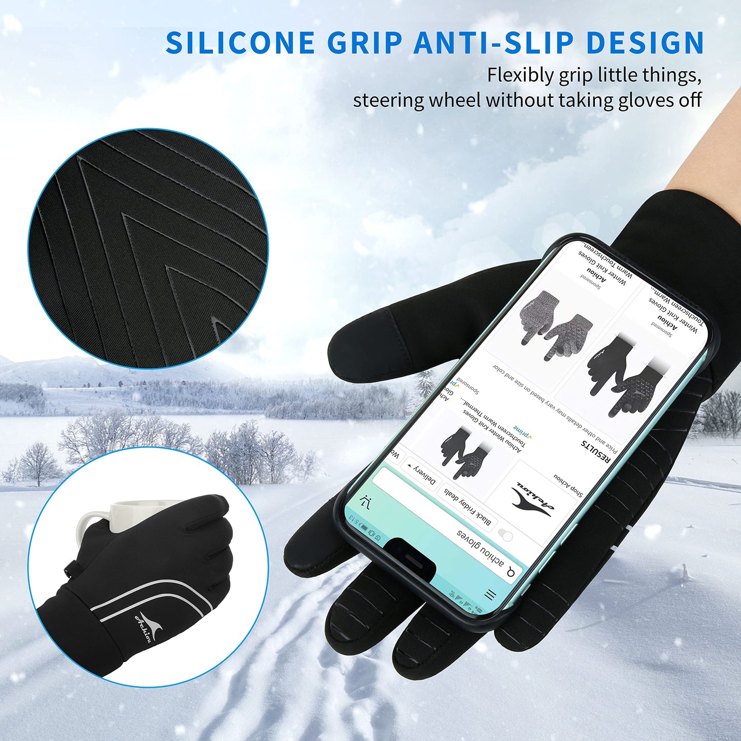 Achiou Winter Running Gloves for Men Women,Lightweight Touchscreen Gloves, Liners Thermal Warm Gloves for Cycling,Driving, Hiking, Walking, Texting
