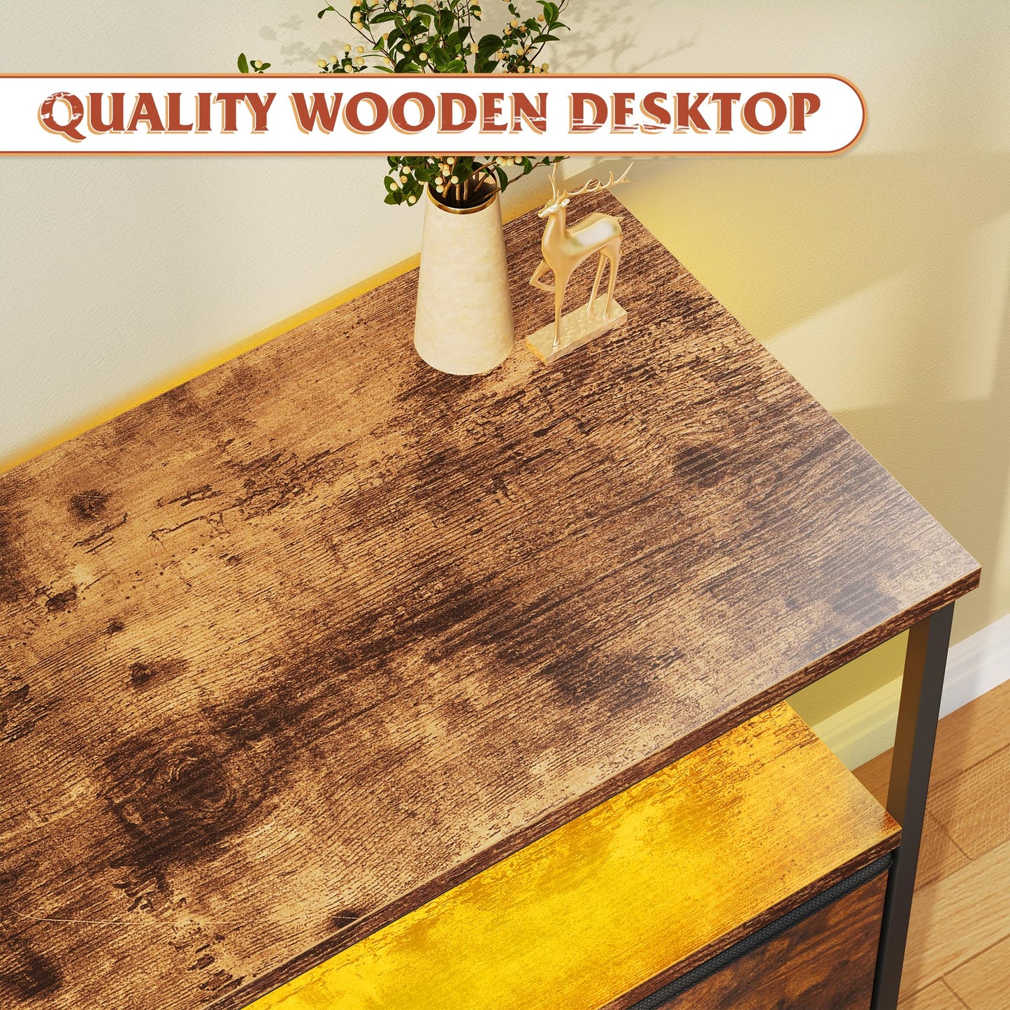 TV Stand Dresser with LED Lights & Power Outlets, Entertainment Center for 50" Inch TV, 5 Drawers TV Stand for Bedroom Dresser with Shelves for Living Room, Sturdy Metal Frame, Rustic Brown