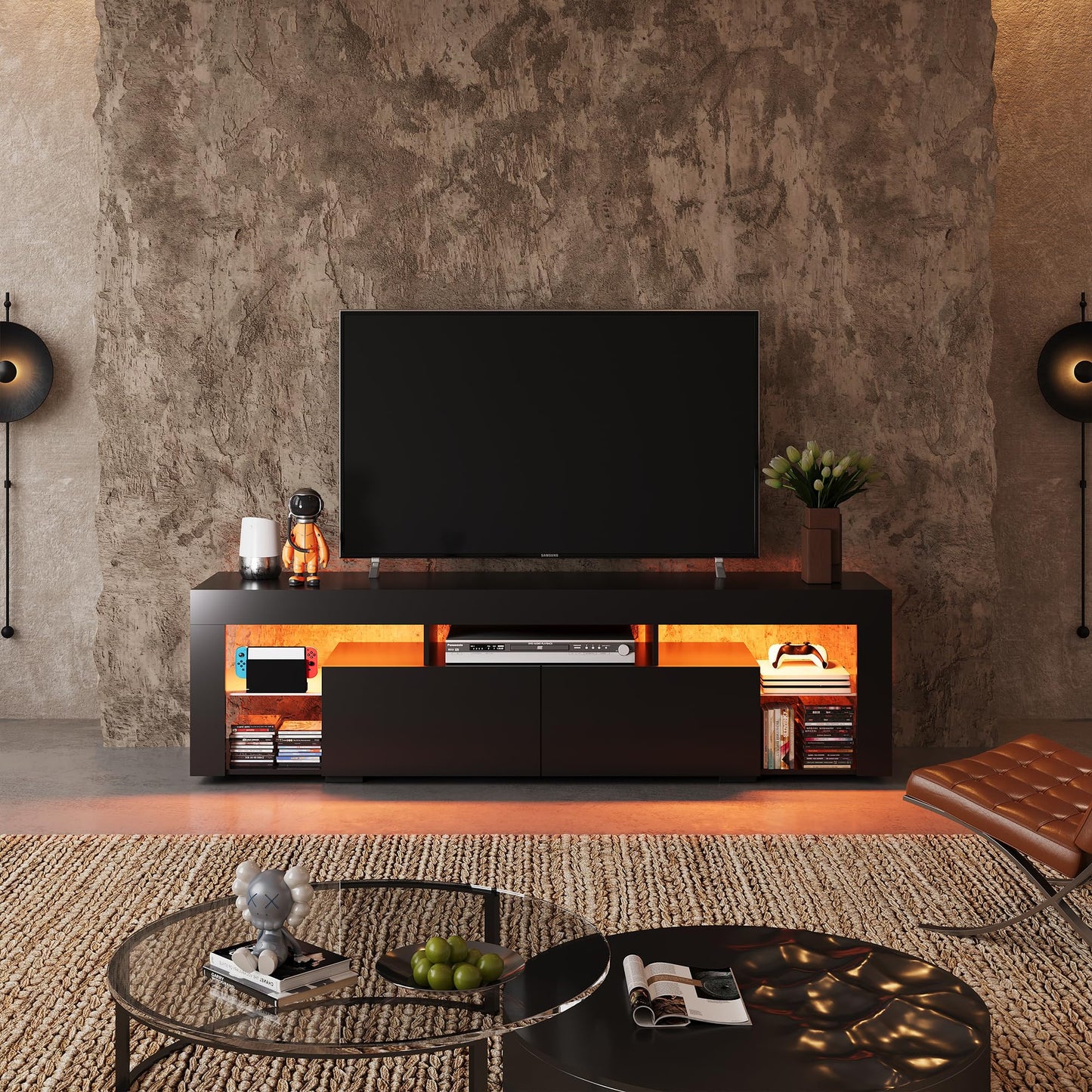 WLIVE 63 Inch TV Stand, LED Entertainment Center for 60 to 70 Inch TV, Modern TV Console with 2 Drawers, TV Stands for Living Room, Black