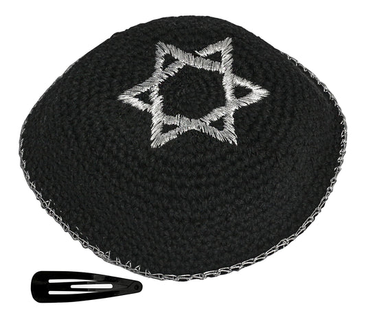 EREZ OVED KIPPIK Star of David Jewish KippahHatFor Men & Kids with Clip Beautifully Knitted (Black & Silver)