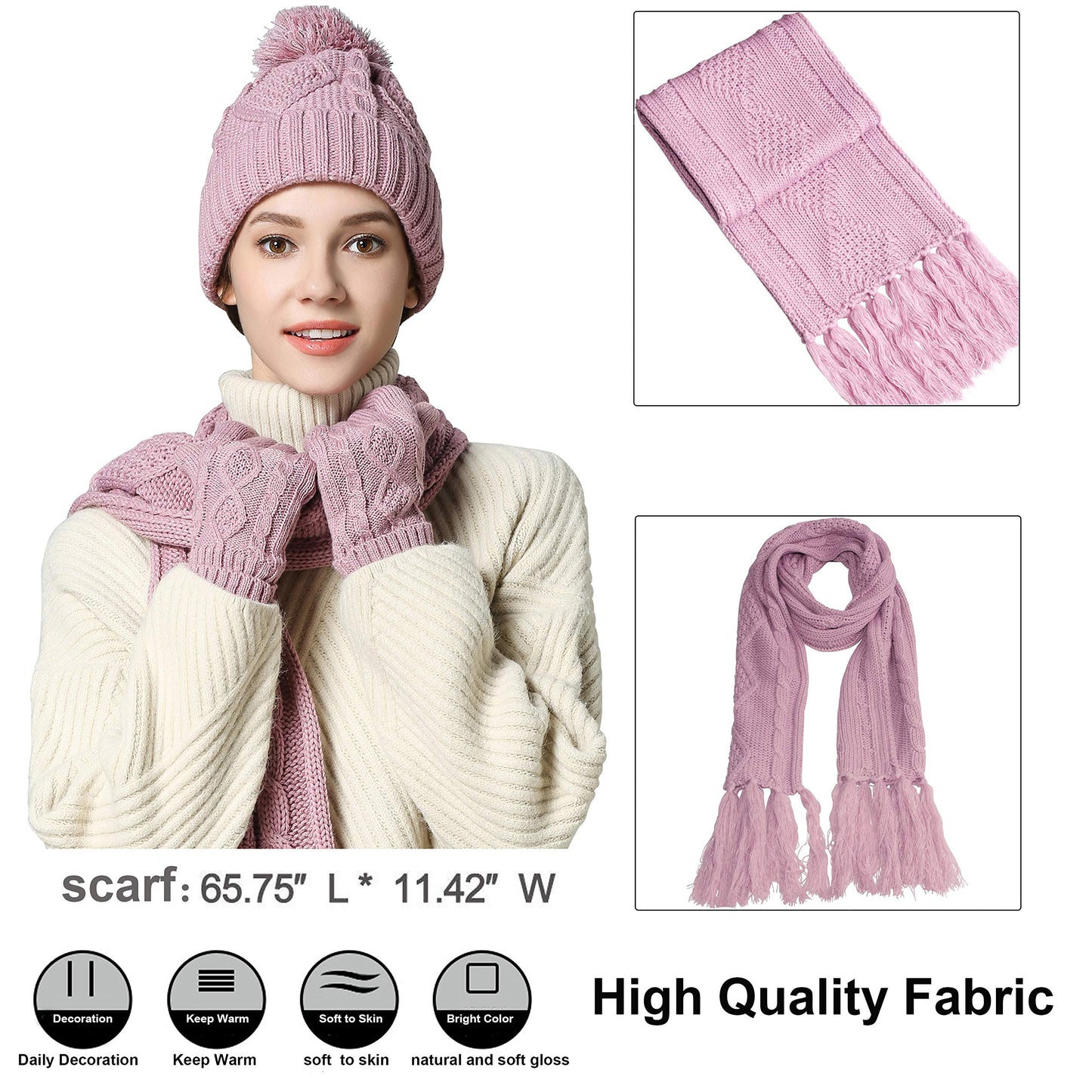 Winter Hat Gloves Scarf Set for Women, Cable Knit Beanie Pom Cap Touch Screen Glove Long Scarf 3PCS Winter Gift for Women Men