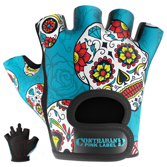 Contraband Pink Label 5237 Womens Designer Workout Gloves | Sugar Skull Print w/Grip-Lock™ Padding (Green, X-Small)
