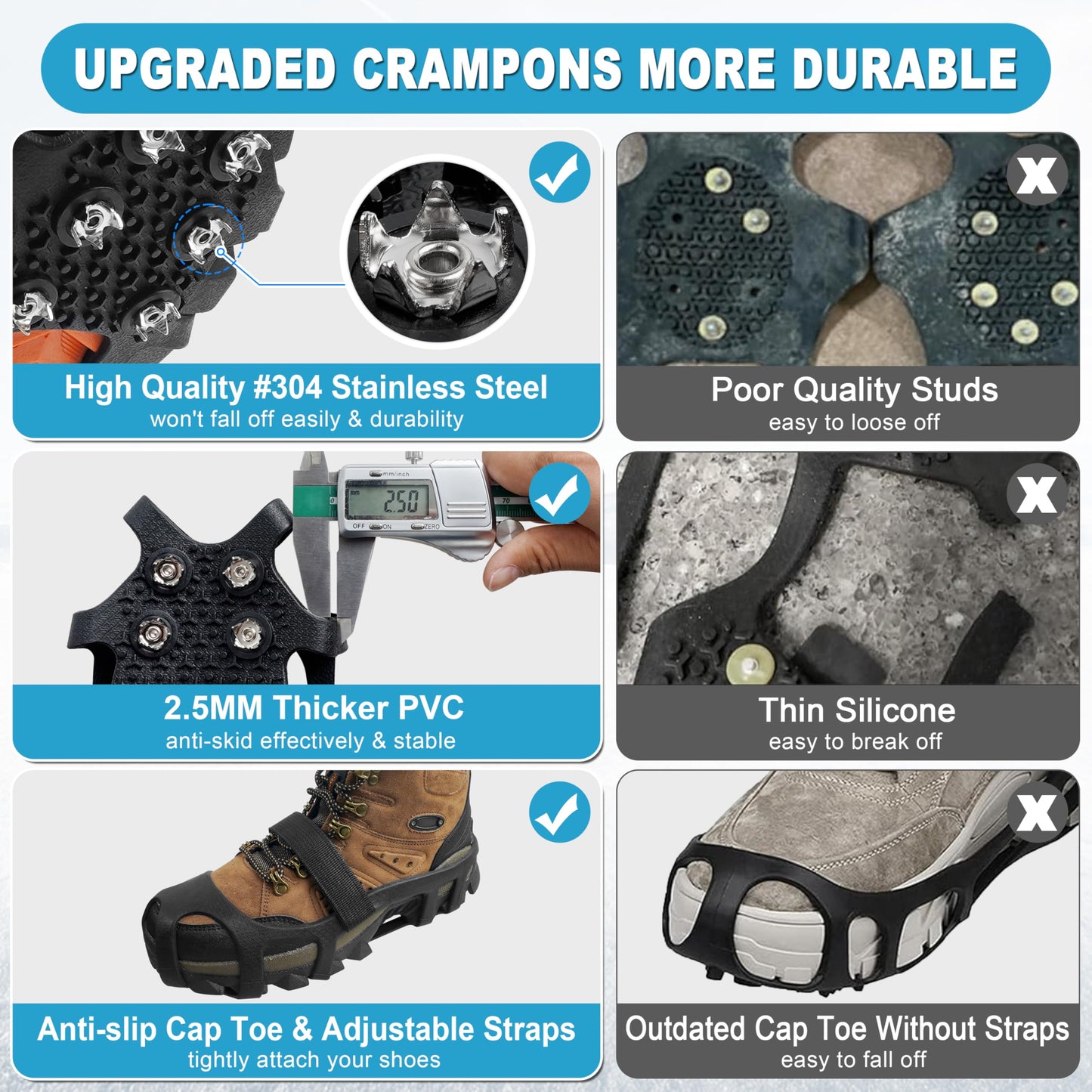 Ice Cleats for Shoes and Boots Snow Traction Cleats Crampons for Walking on Snow and Ice 9 Studs Non-Slip Overshoe Rubber Anti Slip Crampons Slip-on Stretch Footwear Winter Hiking Climbing Ice Fishing