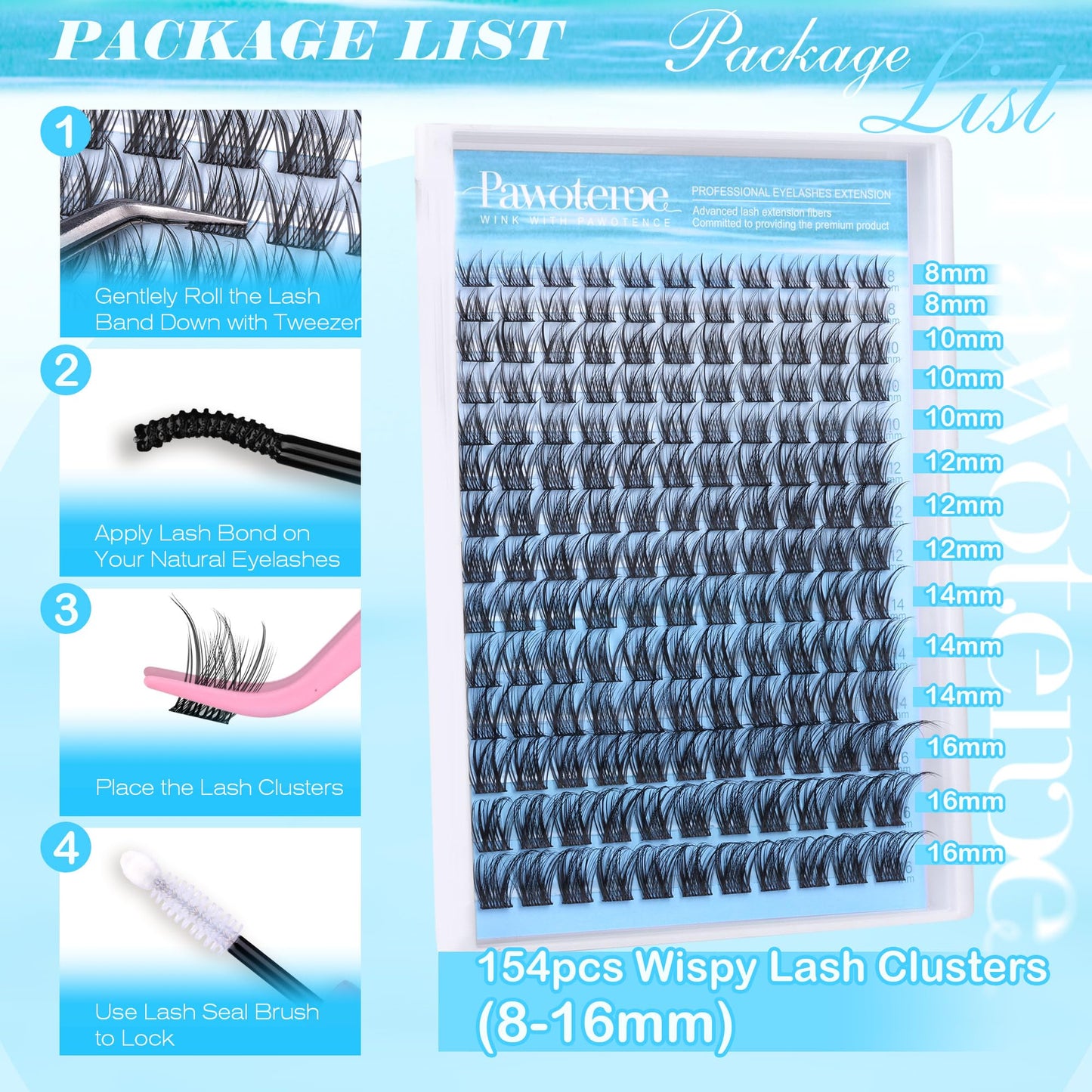 Pawotence Wispy Lash Clusters Natural Cluster Eyelash Extensions 154pcs Individual Lashes 8-16mm Lash Extension DIY False Eyelashes Soft Comfortable Natural Eyelash Clusters with Thin Band