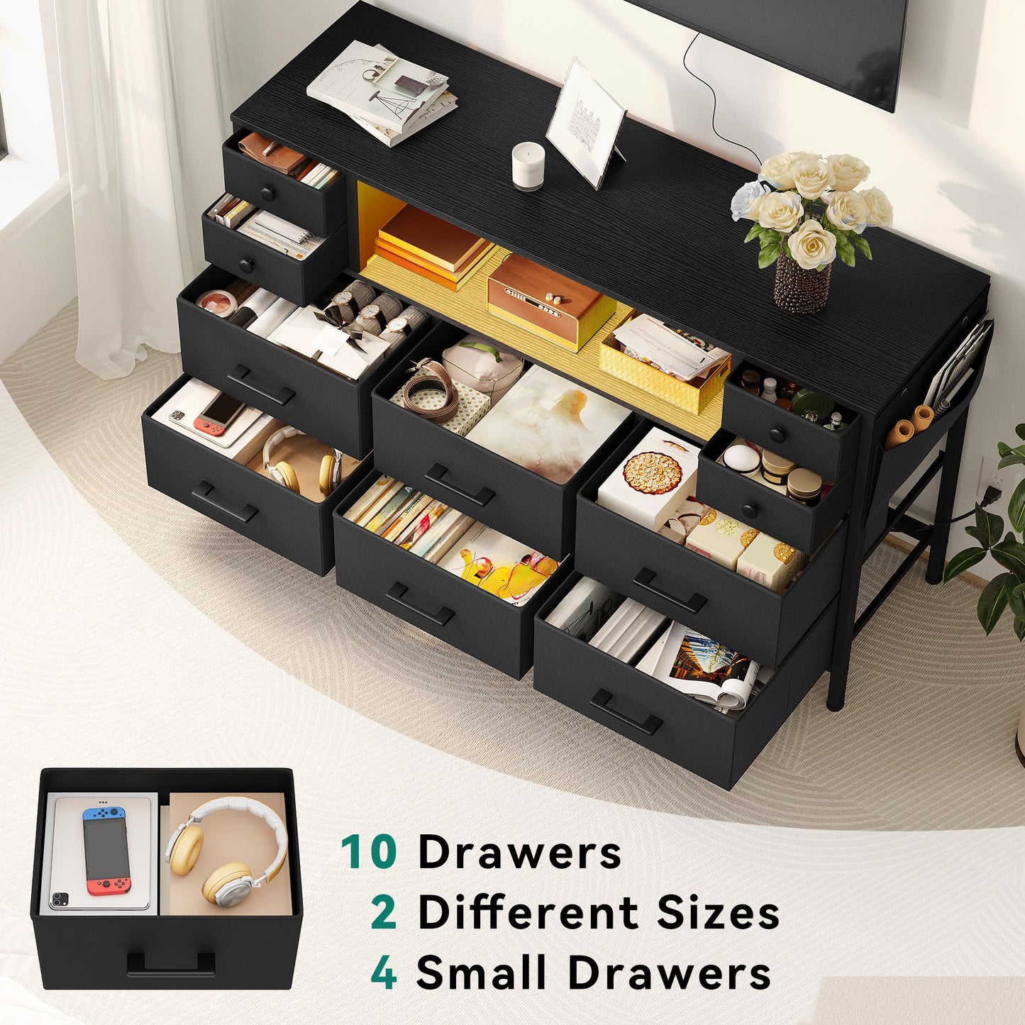 YITAHOME TV Stand with Charging Station, Dresser TV Stand for 55'', 10 Drawer Dresser for Room, Media TV Console Table with Side Pockets & Hooks, Storage Fabric Drawer Unit for Room