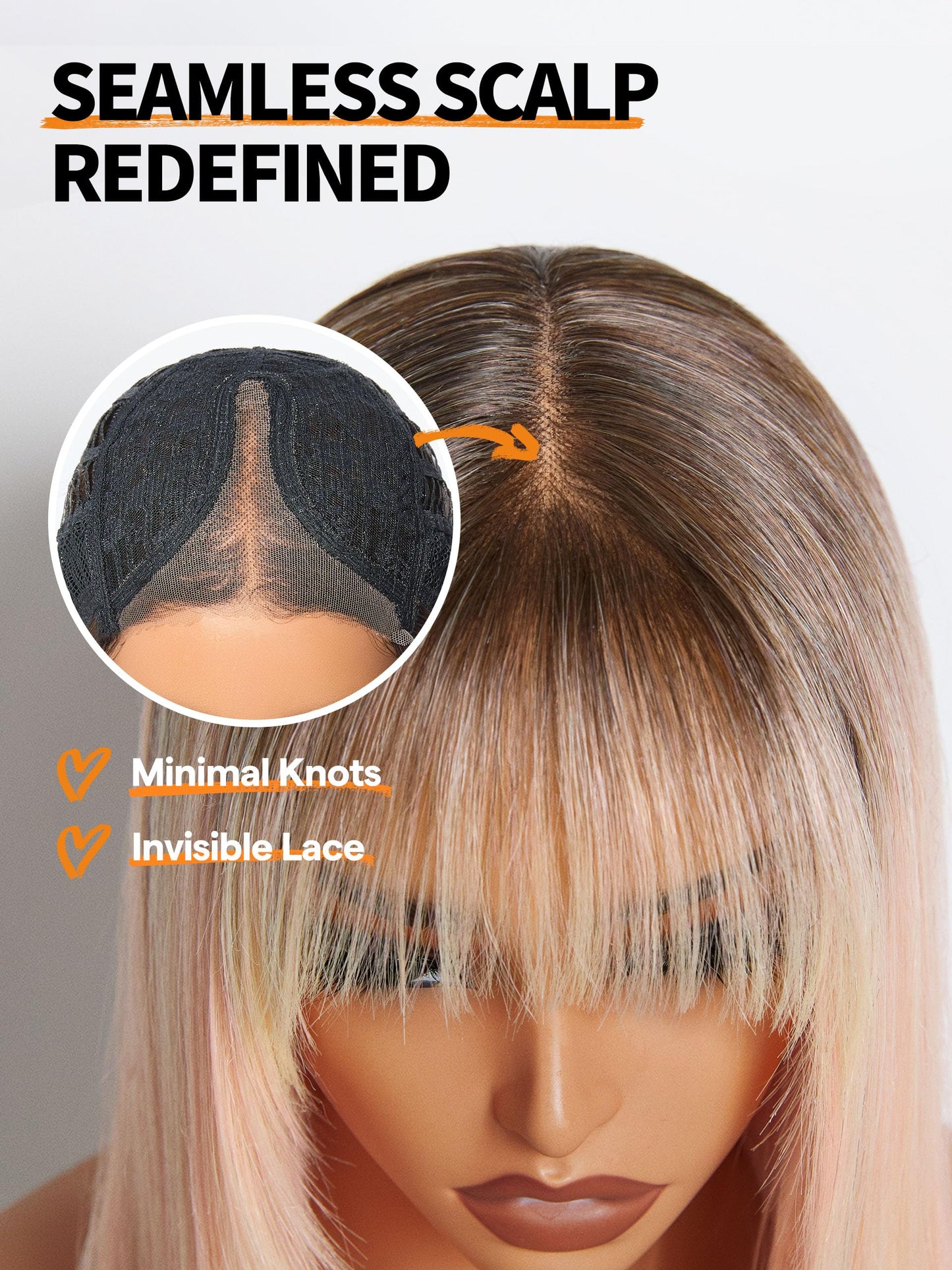 GORGIUS Peach Pink Straight Wig with Bangs Glueless Layered Fringe Bang Wig with Realistic True Scalp Upgraded with Style-Archive Premium Synthetic Fiber