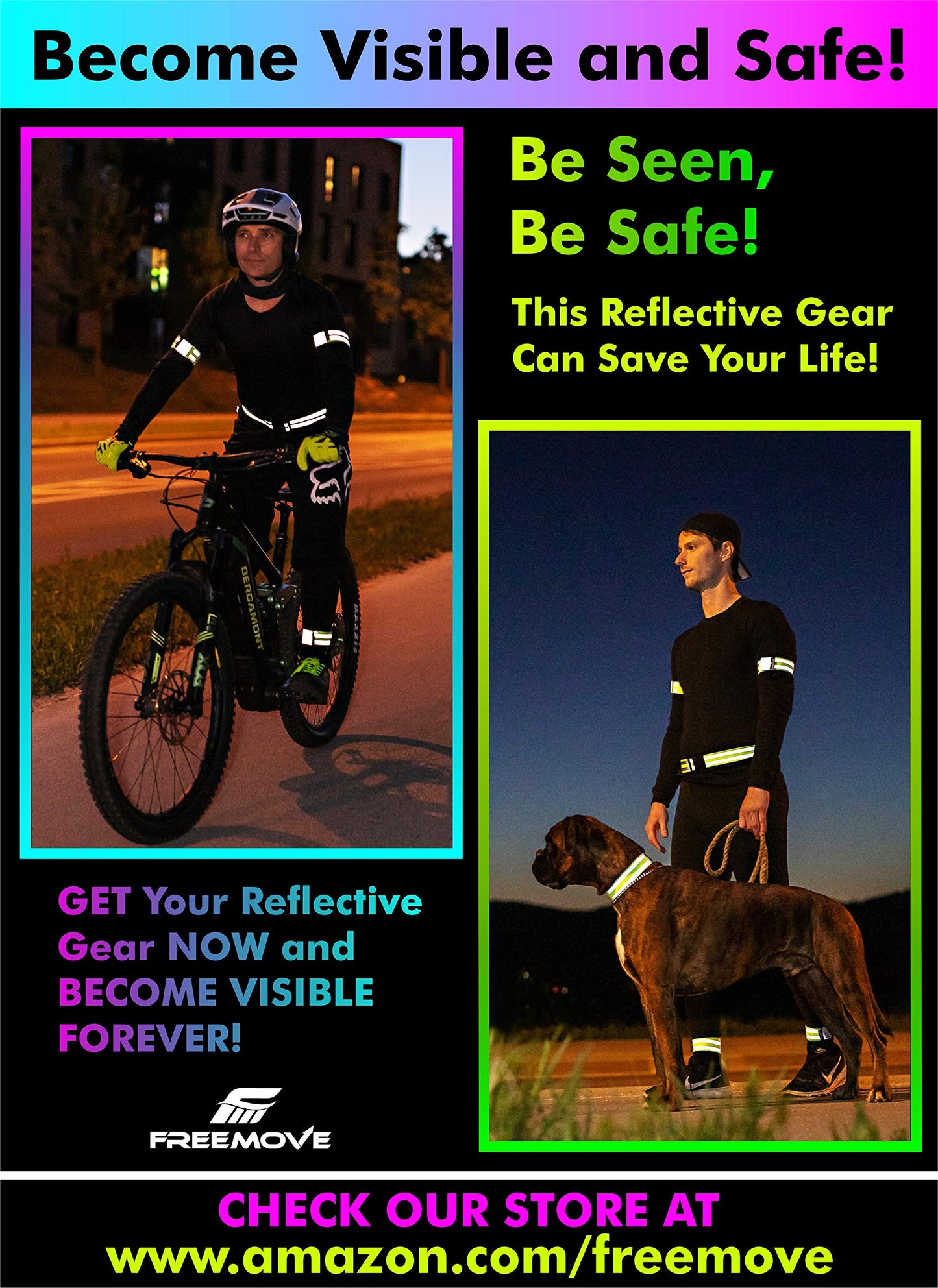 FREEMOVE Reflective Running Gear - a Pack with Adjustable Runners Waist Belt + 4 Arm/Wrist Bands for Men and Women - Stay Safe Day or Night When Dog Walking, Running, Cycling, Jogging, Biking, MTB