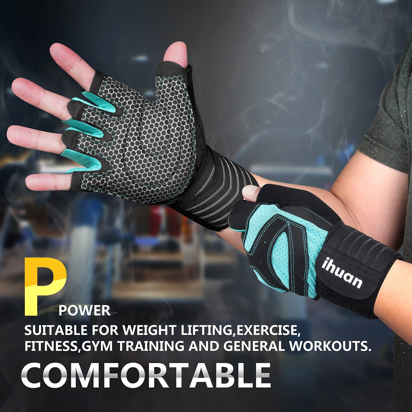 ihuan Ventilated Weight Lifting Gym Workout Gloves Full Finger with Wrist Wrap Support for Men & Women, Full Palm Protection, for Weightlifting, Training, Fitness, Hanging, Pull ups