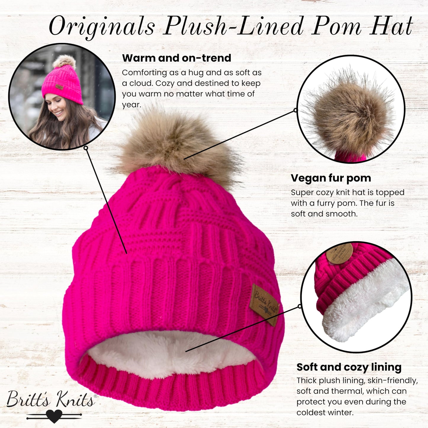 Britt's Knits Women's Plush-Lined Knit Hat with Pom, Charcoal, One Size