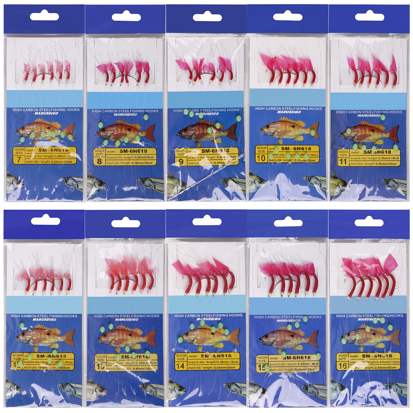 Saltwater Fishing Bait Rigs, 10Packs Surf Fishing Rigs 6 Hooks Fishing Lures Red Fish Skin Feather Hooks Glow Fishing Beads Fishing Tackles for Freshwater Saltwater