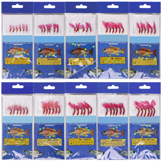 Saltwater Fishing Bait Rigs, 10Packs Surf Fishing Rigs 6 Hooks Fishing Lures Red Fish Skin Feather Hooks Glow Fishing Beads Fishing Tackles for Freshwater Saltwater