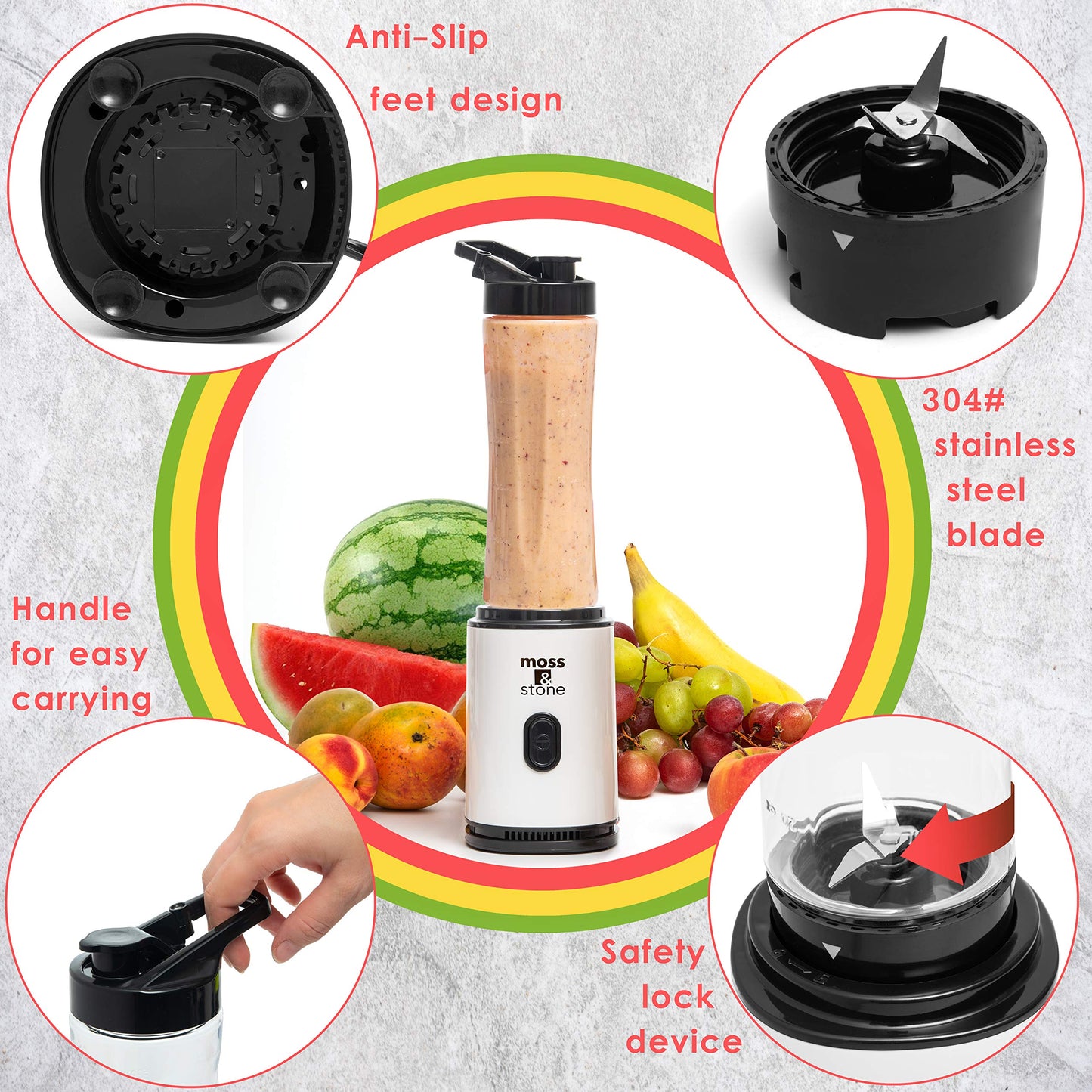 Moss & Stone Personal Blender Single Serve Shake & Smoothies Maker with Portable Travel Sport Bottle - Mini Juicer, White & Black Single Serve Blender for Smoothies and Shakes - Bottle 20 oz