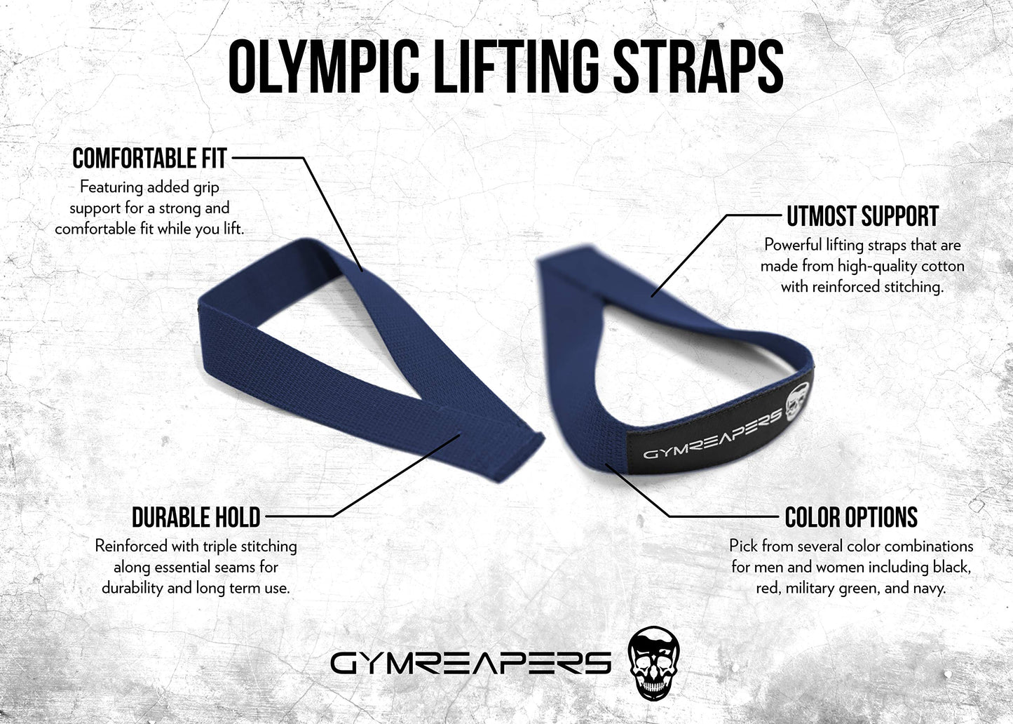 Gymreapers Olympic Lifting Straps for Weightlifting, Snatch, Clean, Powerlifting, Strongman, Deadlifts - Durable Cotton with Reinforced Stitching (Pair) (Navy)