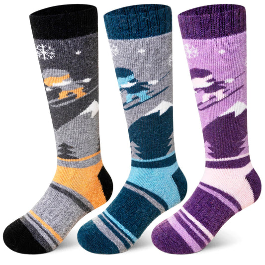 SeeyAN Kids Ski Socks Merino Wool Thermal Winter Socks Boys Girls Warm SnowBoarding Thick Skiing Socks 3 Pairs (Purple/Grey/Blue, 4-7 Years)