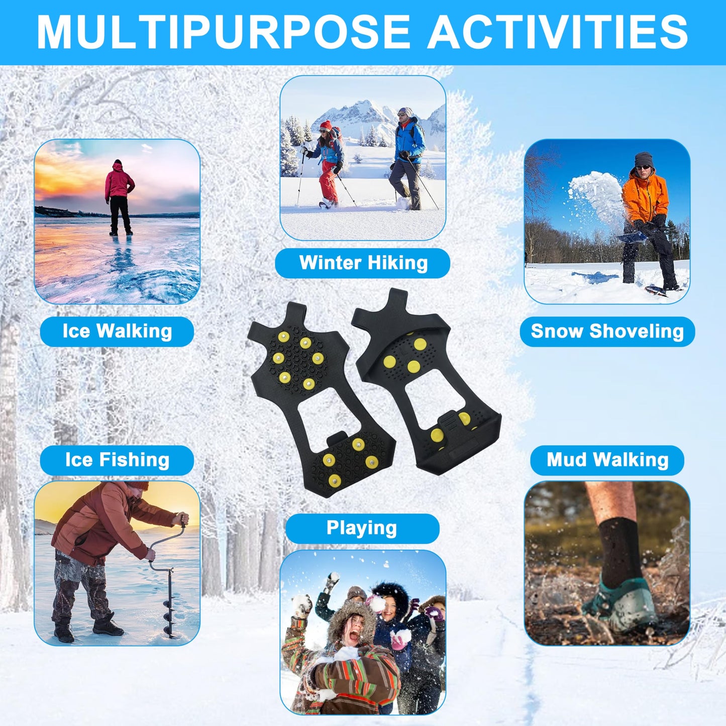 Ice Cleats for Shoes and Boots Ice Snow Grippers Anti-Slip Crampons 10 Studs Traction Cleat for Women Men Kids Hiking Fishing Walking Running Jogging