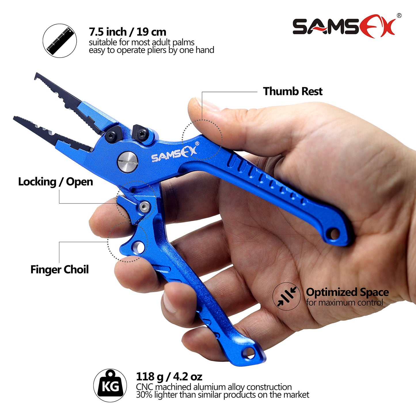 SAMSFX Aluminum Fishing Pliers Hook Remover Braid Line Cutter with Coiled Lanyard, Fly Fishing Knot Tying Tool & Retractors (Blue Handle, Split Ring Nose)