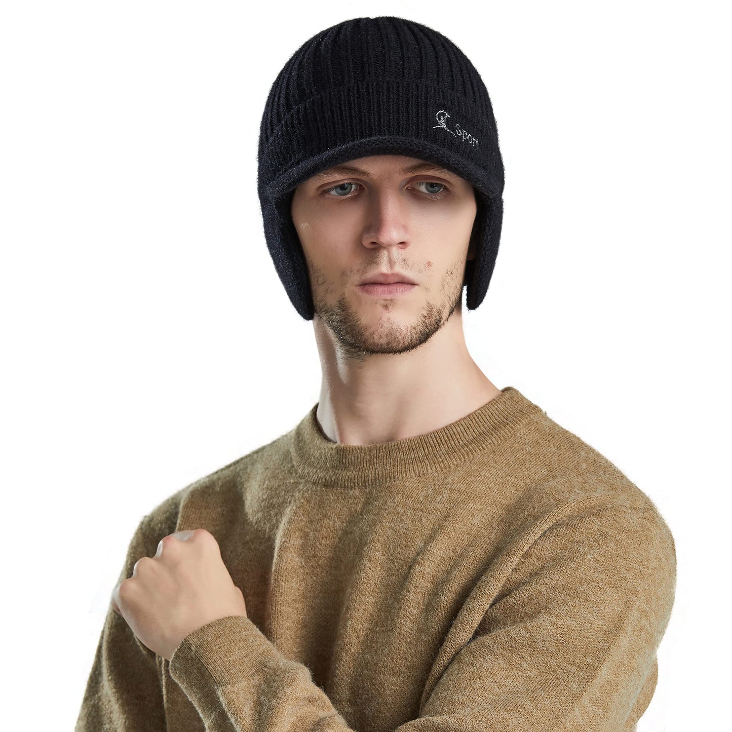 Muryobao Men Winter Beanie Hat Soft Fleece Lined Cuff Knit Hats with Visor Warm Earflaps Newsboy Skull Ski Cap Black