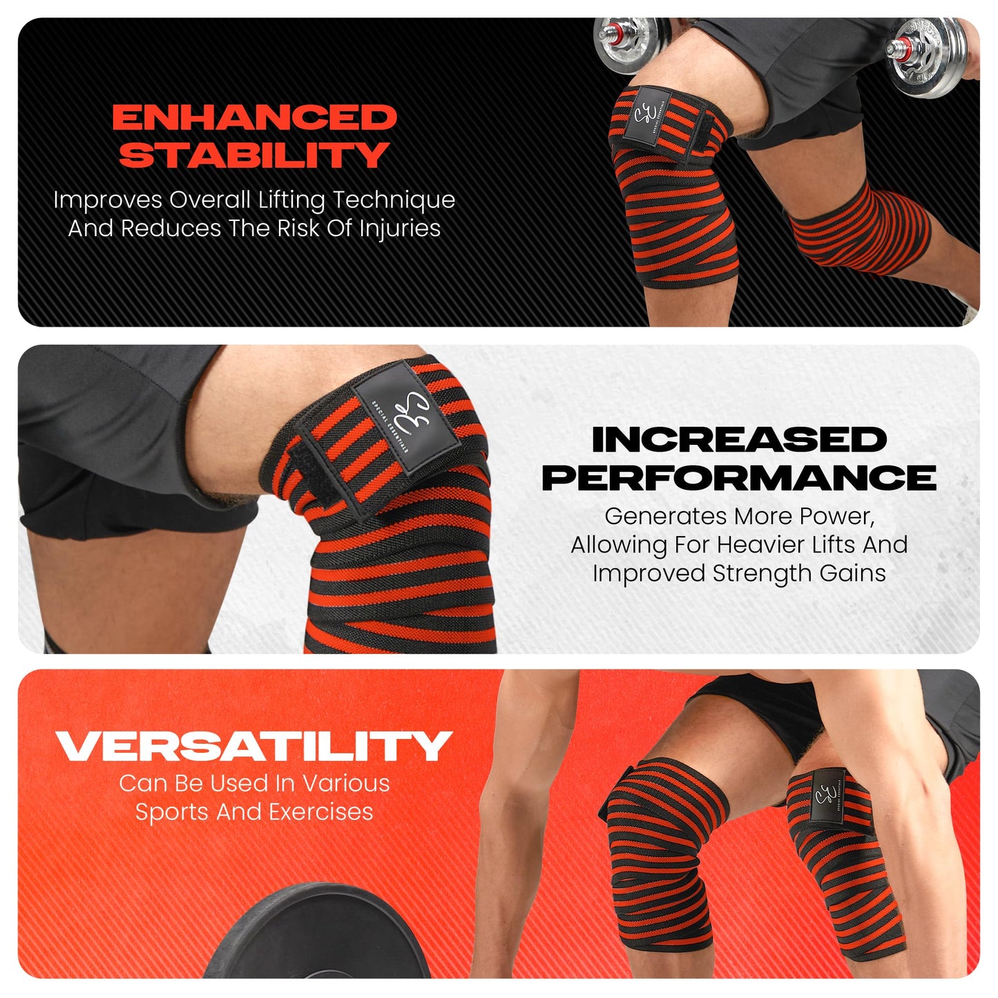 Special Essentials Knee Wraps for Weightlifting with Strap (2 Pack) - 72 Inches Flexible Support for Men & Women, for Powerlifting, Squats, Leg Press, and Cross Training
