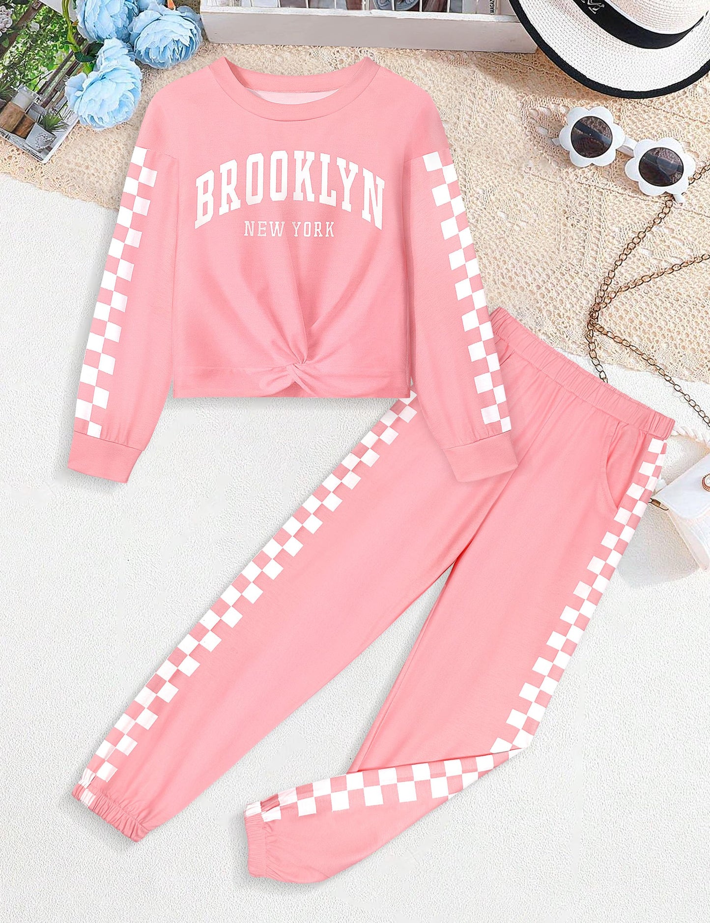 Boiltcat Girl Clothes Size 8-10 Pullover Girls' Clothing Sets Twist Front Sweatshirt and Plaid Sweatpants 2 Piece Girls Sweatsuit Fall Winter Pink 9-10 Years