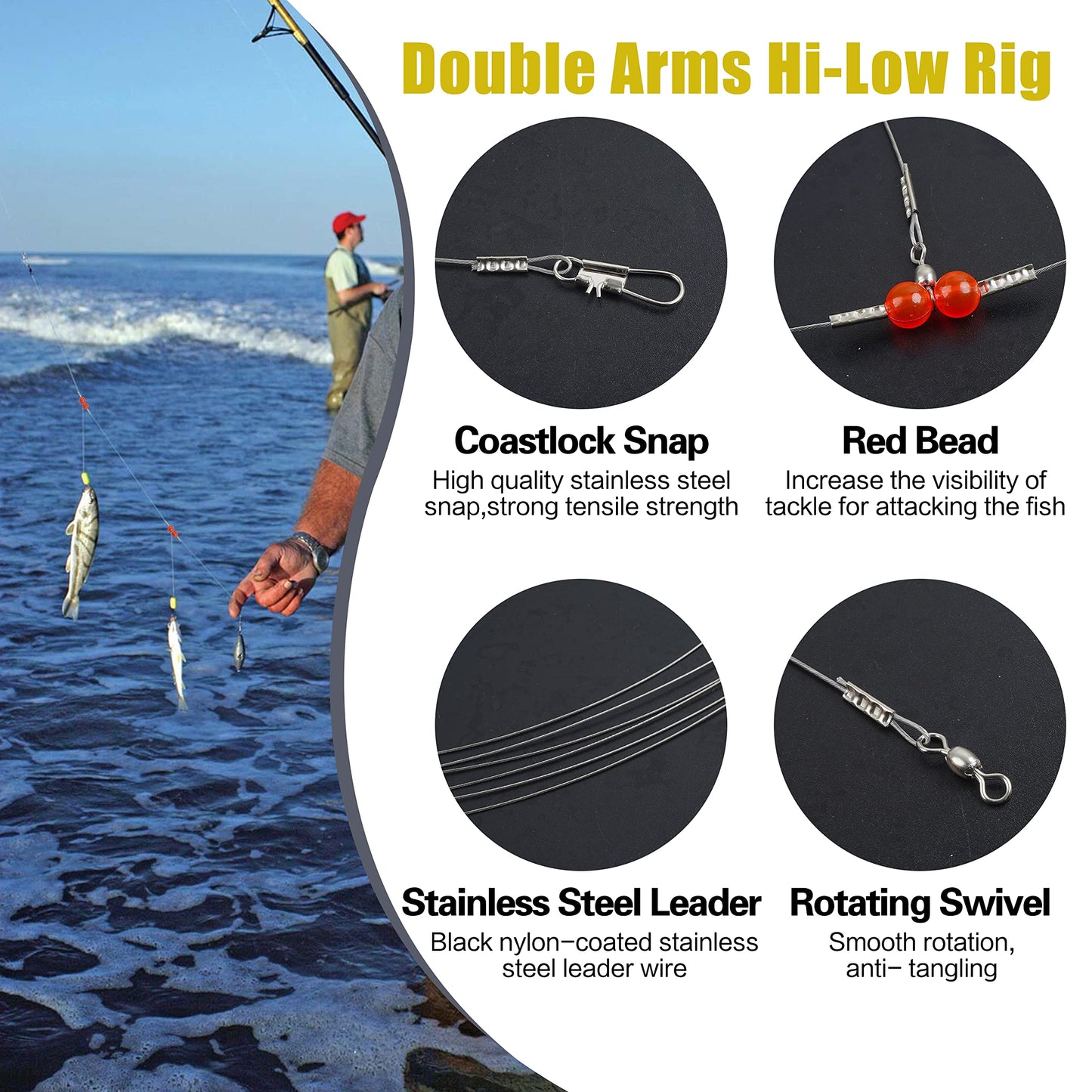 Fishing Leaders Saltwater Fishing Rigs Fishing Bottom Rigs Surf Fishing Rigs Saltwater Fishing Wire Trace Leader Rigs for Lures Bait and Hooks Steel Leaders with Swivels Snaps Beads 1Arm 2Arms