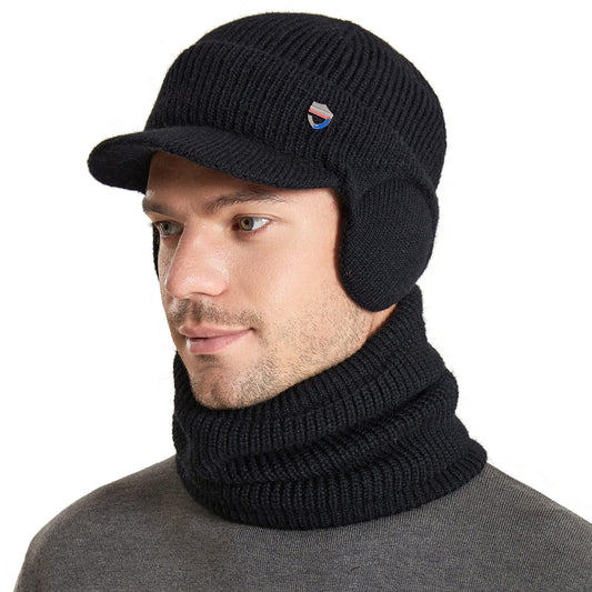 Muryobao Mens Winter Visor Beanie Hat Scarf Set Warm Knit Earflaps Hat Thick Fleece Lined Winter Cap with Neck Warmer for Outdoor Sports Black