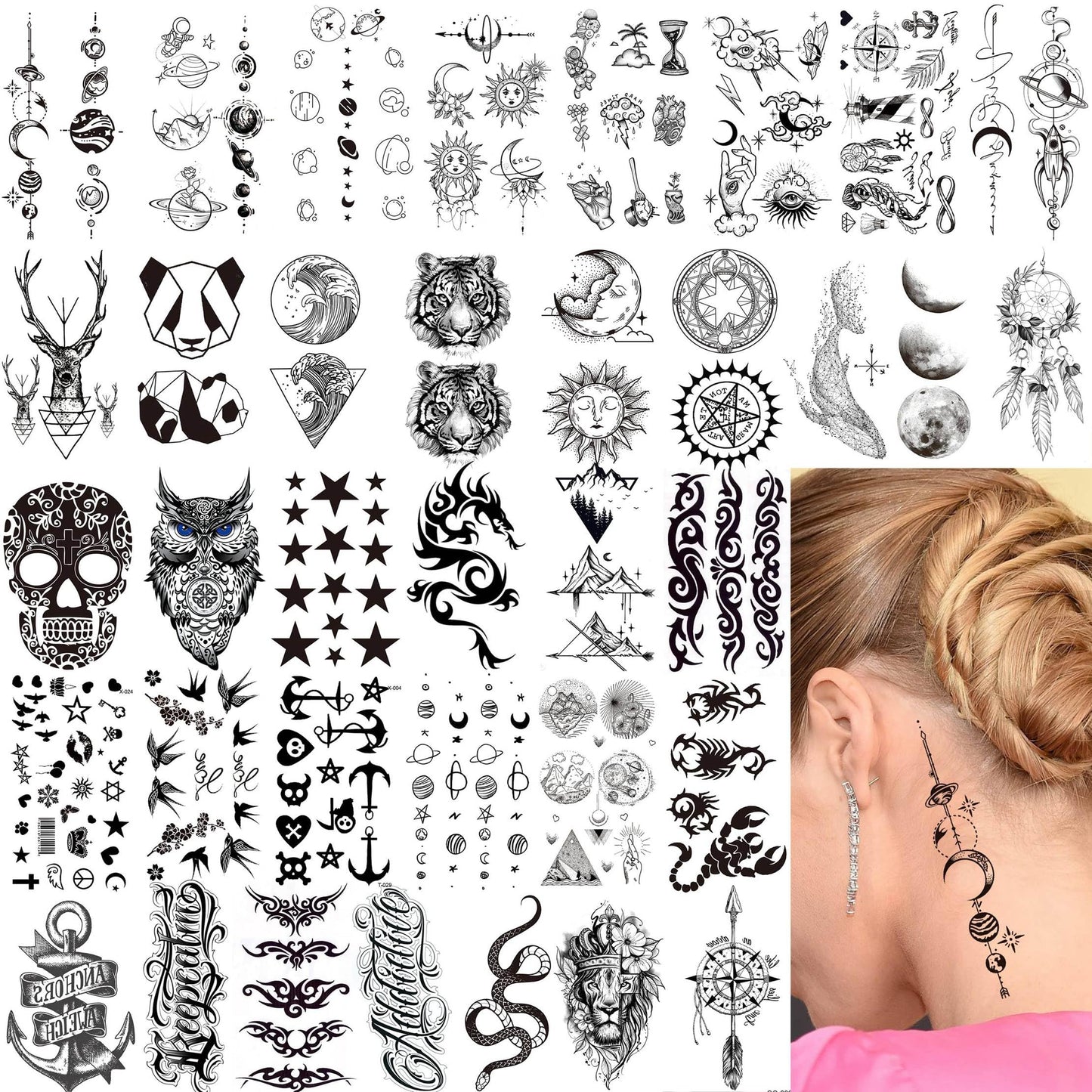 71 Sheets Small Cute Temporary Tattoos For Women Men Hands Neck Finger, Floral Space Moon Fake Long Lasting Tattoos Adults, Lavender Anchor Panda Halloween Snake Dragon Tiger Lion Animals Tattoos