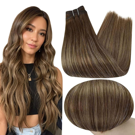 Full Shine Weft Hair Extensions Human Hair 12 Inch Weft Sew in Hair Extensions Real Human Hair 80G Color Medium Brown To Honey Blonde Mix Medium Brown Weft Ombre Brown Silky Straight Human Hair