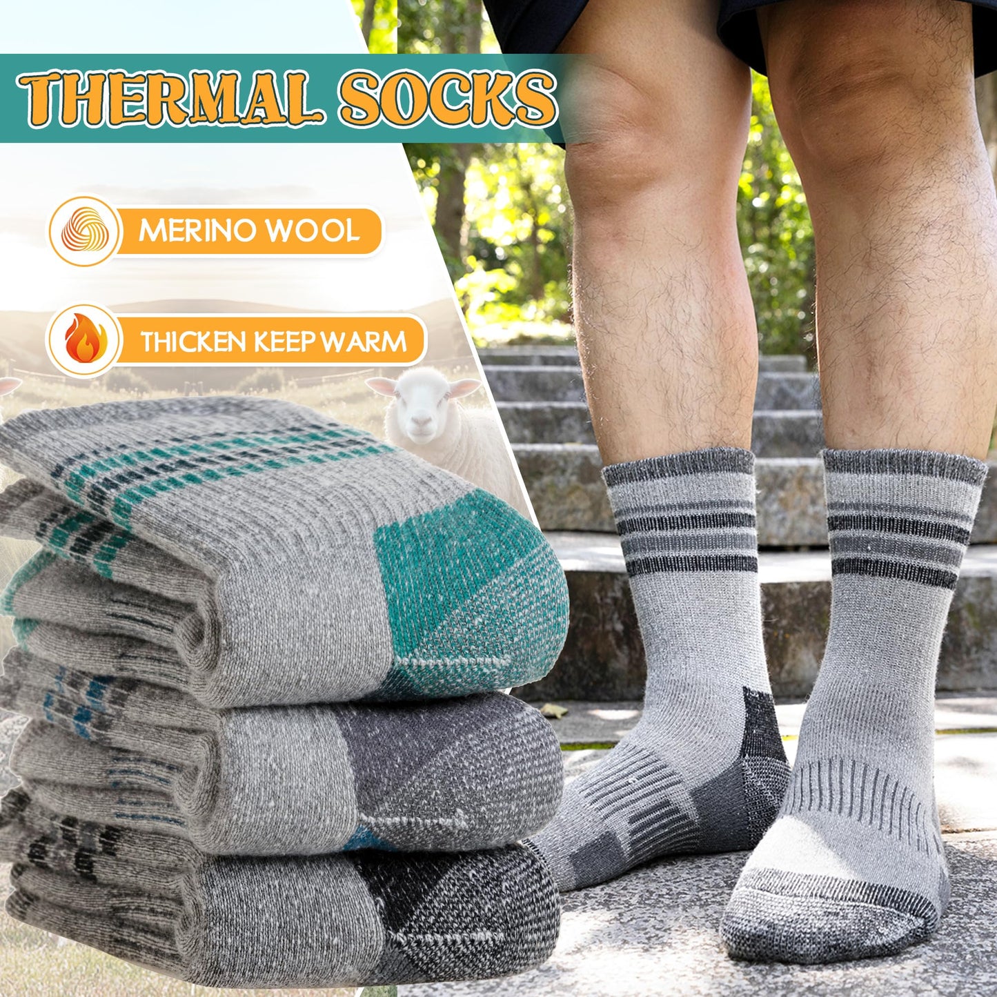 SeeyAN Merino Wool Hiking Socks Womens Mens Thermal Winter Boot Thick Cushion Warm Crew Socks 3 Pairs (Blue/Black/Green#S, Medium)