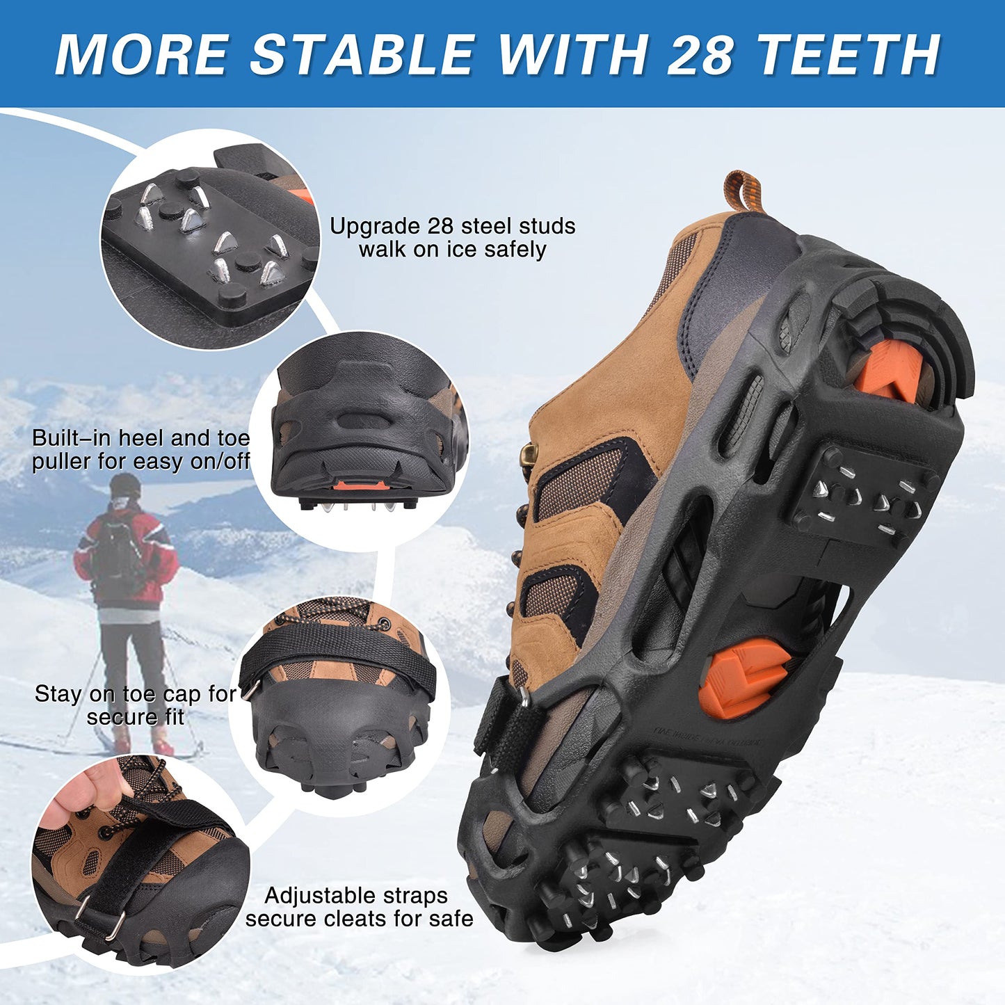 Ice Cleats Snow Traction Cleats,Crampons Ice Cleats for Shoes and Boots Men Women,Non Slip Ice Shoes Grippers Walk Traction Cleats 28 Studs for Snow Ice Hiking Walking Fishing