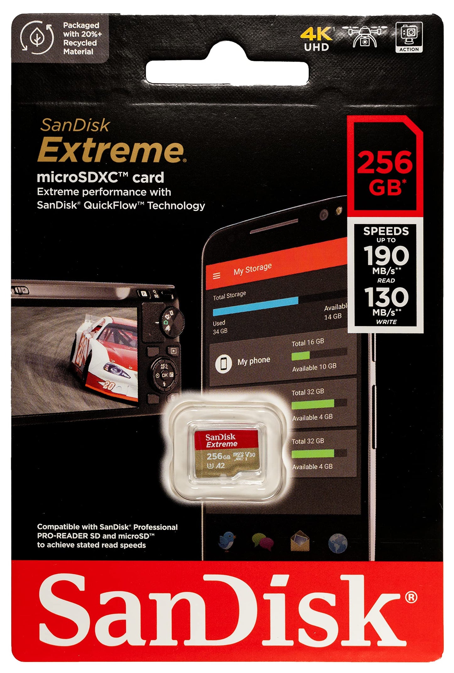 SanDisk Extreme 256GB MicroSD Memory Card (2 Pack) Works with DJI Drone Series Mini 4 Pro (SDSQXAV-256G-GN6MN) V30 A2 4K UHD UHS-I Bundle with (1) Everything But Stromboli MicroSDXC Card Reader
