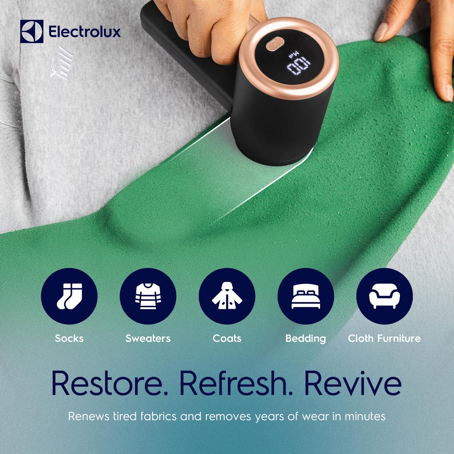 Electrolux Rechargeable Fabric Shaver | 3-Speed Lint Remover for Clothes & Furniture | Eliminates Fuzz & Pilling | Electric Lint Shaver with LED Display & Type-C Fast Charging Port - Black