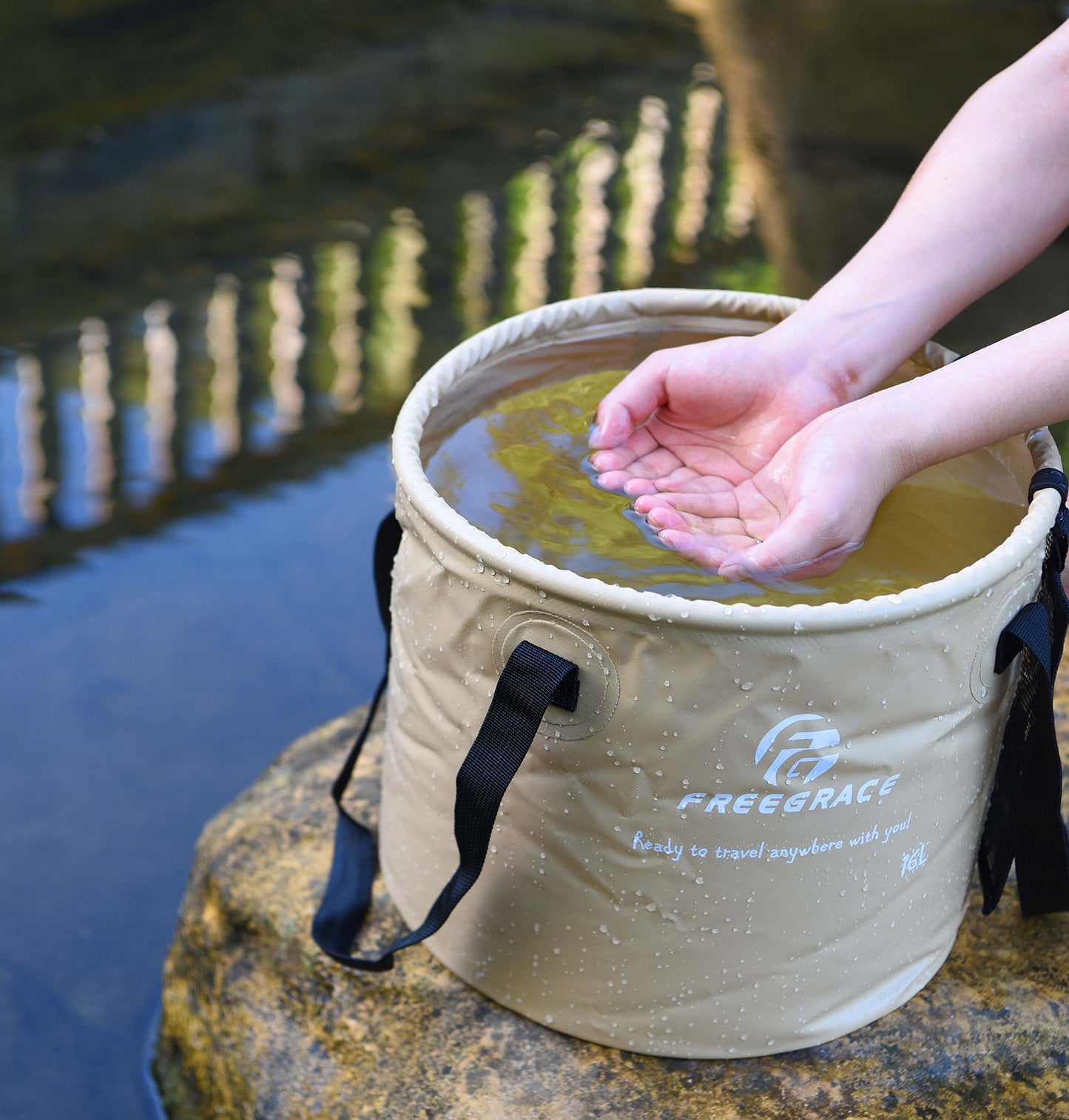 Freegrace Premium Collapsible Bucket -Multifunctional Folding Bucket -Perfect Gear for Camping, Hiking & Travel (Khaki, 10L)
