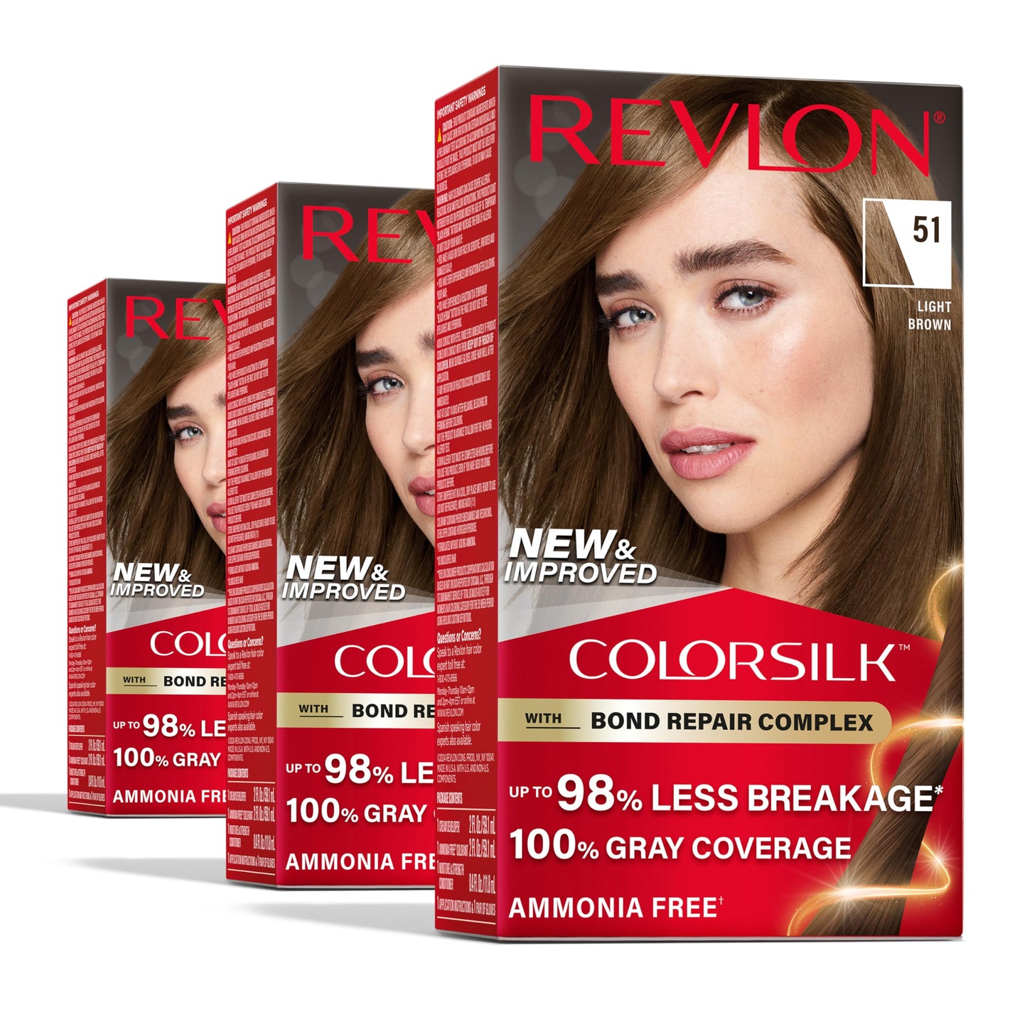 Revlon ColorSilk with Bond Repair Complex, Brown Permanent Hair Color, 100% Gray Coverage, Ammonia Free Hair Dye, Vegan Keratin, 51 Light Brown (Pack of 3)