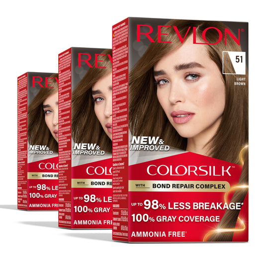 Revlon ColorSilk with Bond Repair Complex, Brown Permanent Hair Color, 100% Gray Coverage, Ammonia Free Hair Dye, Vegan Keratin, 51 Light Brown (Pack of 3)