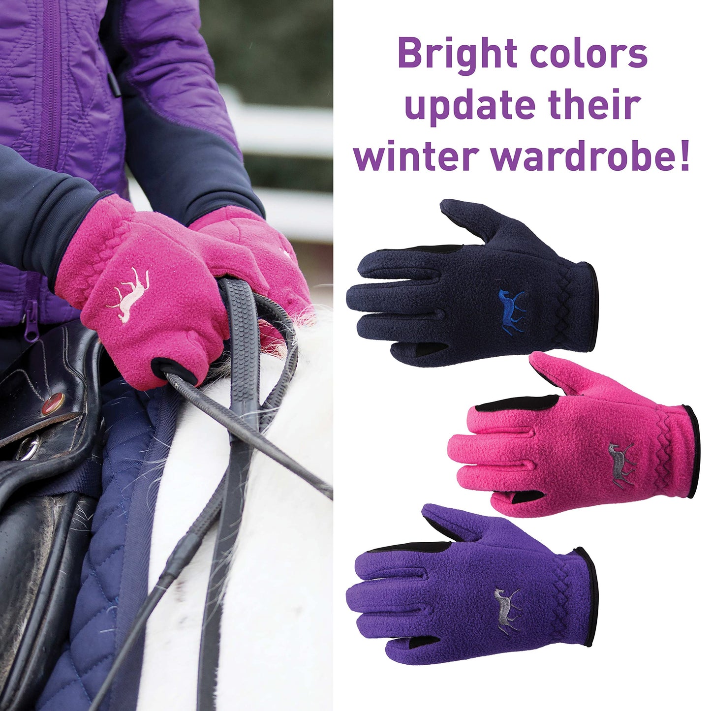 HORZE Kids' Fleece Winter Horse Riding Gloves with Pony Design - Sultry Violet - 4