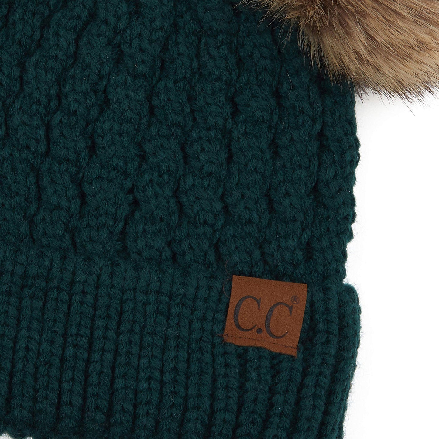 C.C Hatsandscarf Exclusives Natural Double Pom Pom Cable Knit Winter Beanie (HAT-2055) (Deep Pine-Natural Pom)