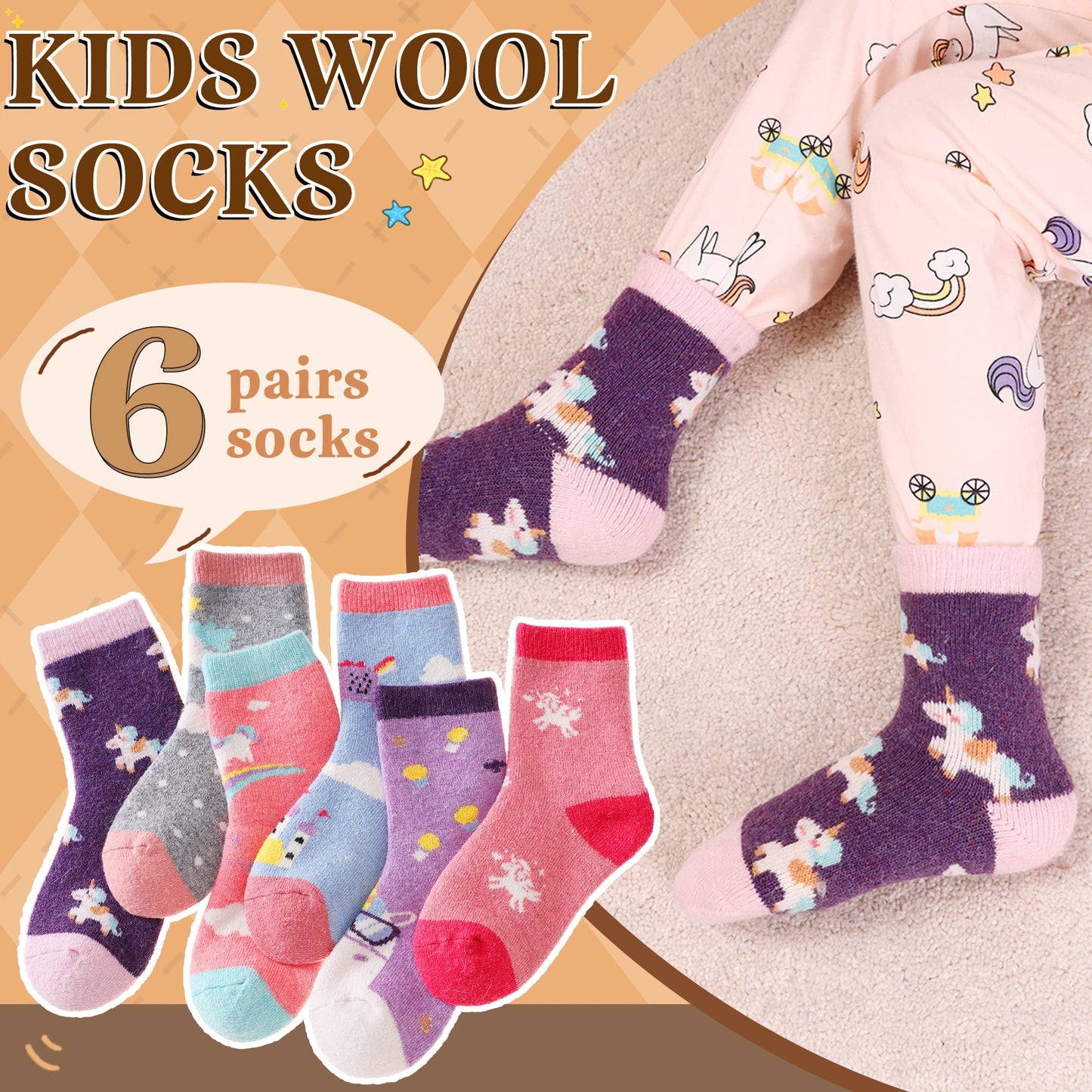Kids Merino Wool Socks Boys Girls Hiking Boot Winter Thermal Warm Cozy Soft Toddler Thick Crew Socks 6 Pairs (6 Pairs Unicorn C, 1-3 Years)