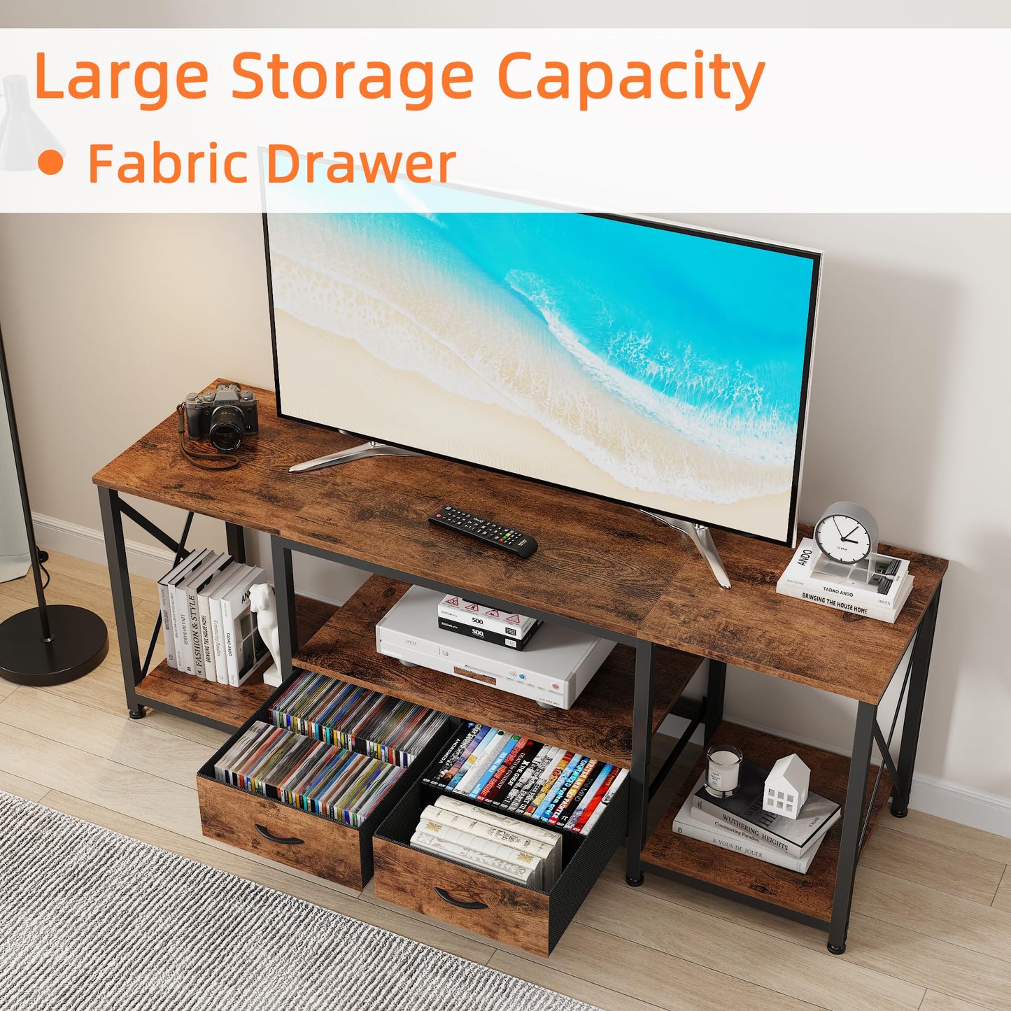 GYIIYUO TV Stand with Fabric Drawer - Entertainment Center and Industrial TV Console Table with Open Storage Shelves for Living Room, Bedroom - 55.1" Rustic Brown